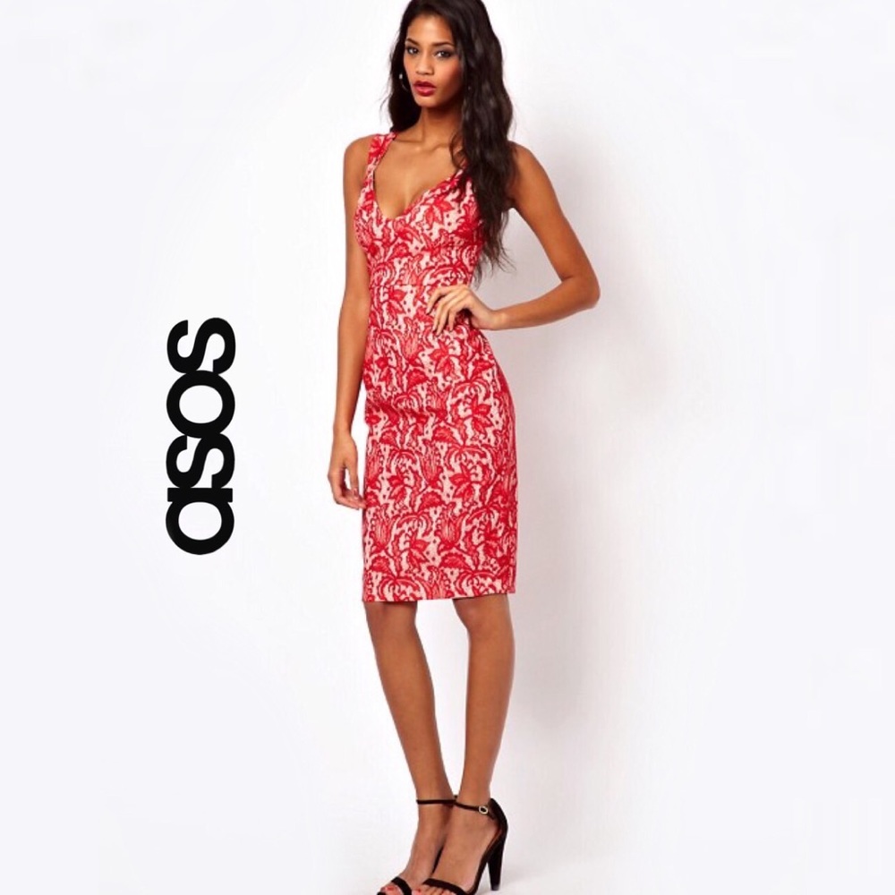 ASOS Pencil Lace Dress V-neck | Red | Size 6